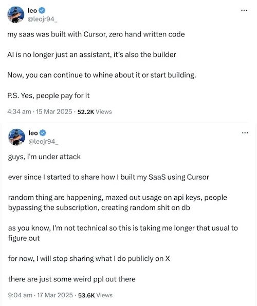 Screenshot of a tweet of vibecoding gone wrong